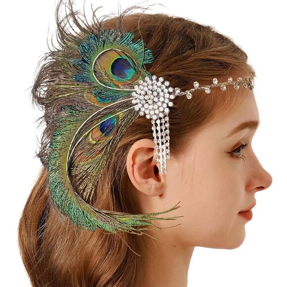 Feather Headpiece for Women Green Peacock 1920s Gatsby Roaring 20s Style main image 5